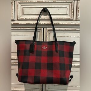 Coach Red and Black Plaid Tote Bag